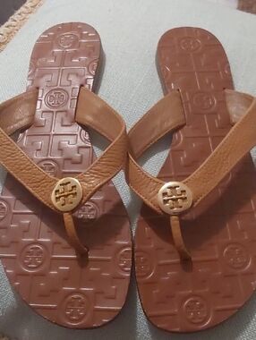 Tory Burch Tan Leather Logo Thong Sandals with Gold Medallions